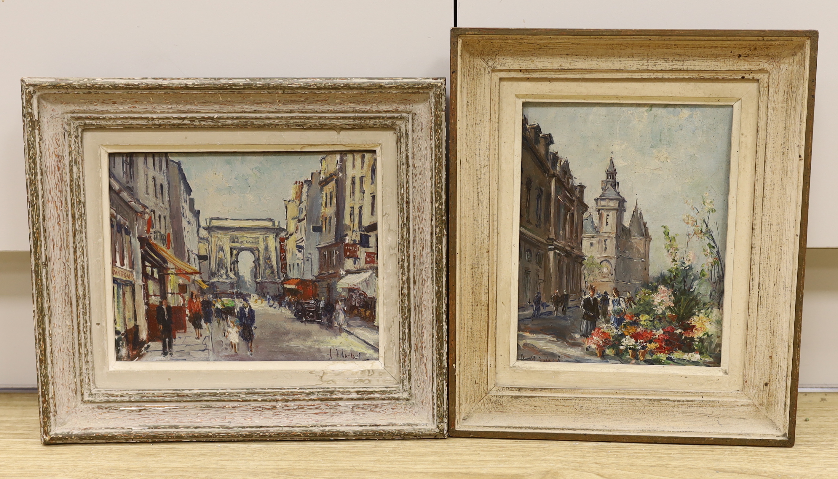 André Michel (French, b.1945), pair of impressionist oils on canvas, Parisian street scenes, signed, 22 x 17cm